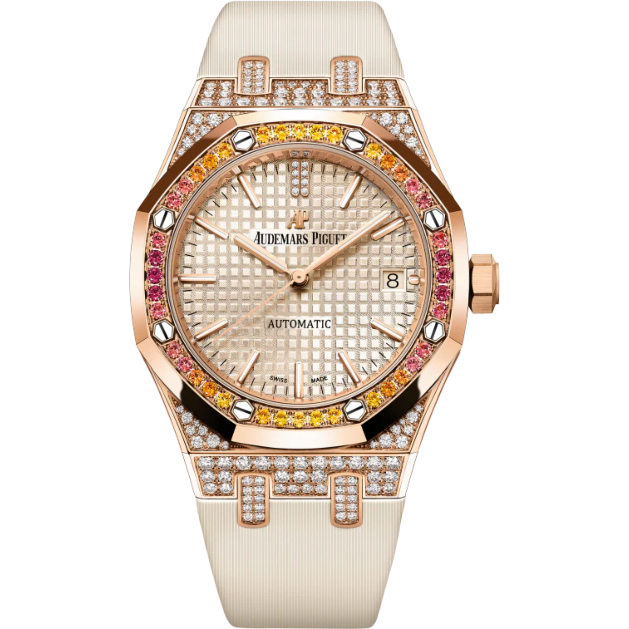 Royal Oak Selfwinding 37MM Beige Satin-Finished Calfskin Strap Beige Dial With Grande Tapisserie Pattern 18-Carat Pink Gold Case Bezel Set With Orange Brilliant-Cut Graded Sapphires, Garnet and Spessartites - Audemars Piguet