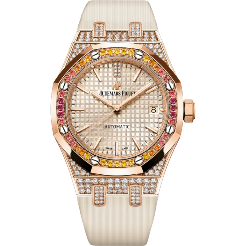 Royal Oak Selfwinding 37MM Beige Satin-Finished Calfskin Strap Beige Dial With Grande Tapisserie Pattern 18-Carat Pink Gold Case Bezel Set With Orange Brilliant-Cut Graded Sapphires, Garnet and Spessartites - Audemars Piguet