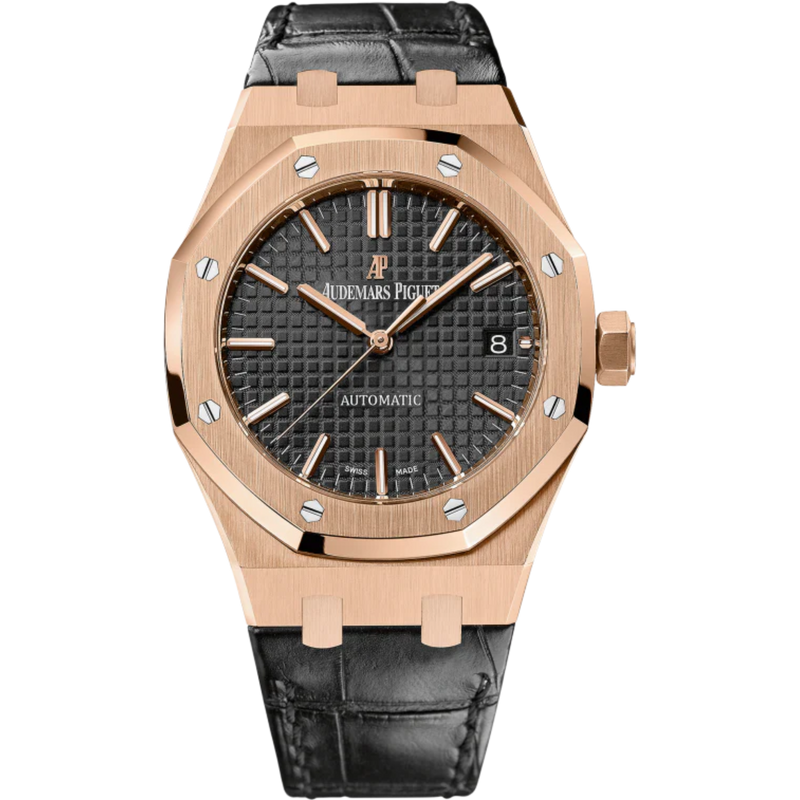 Royal Oak Selfwinding 37MM Black Crocodile Strap Black Dial With Grande Tapisserie Pattern 18-Carat Pink Gold Case - Audemars Piguet