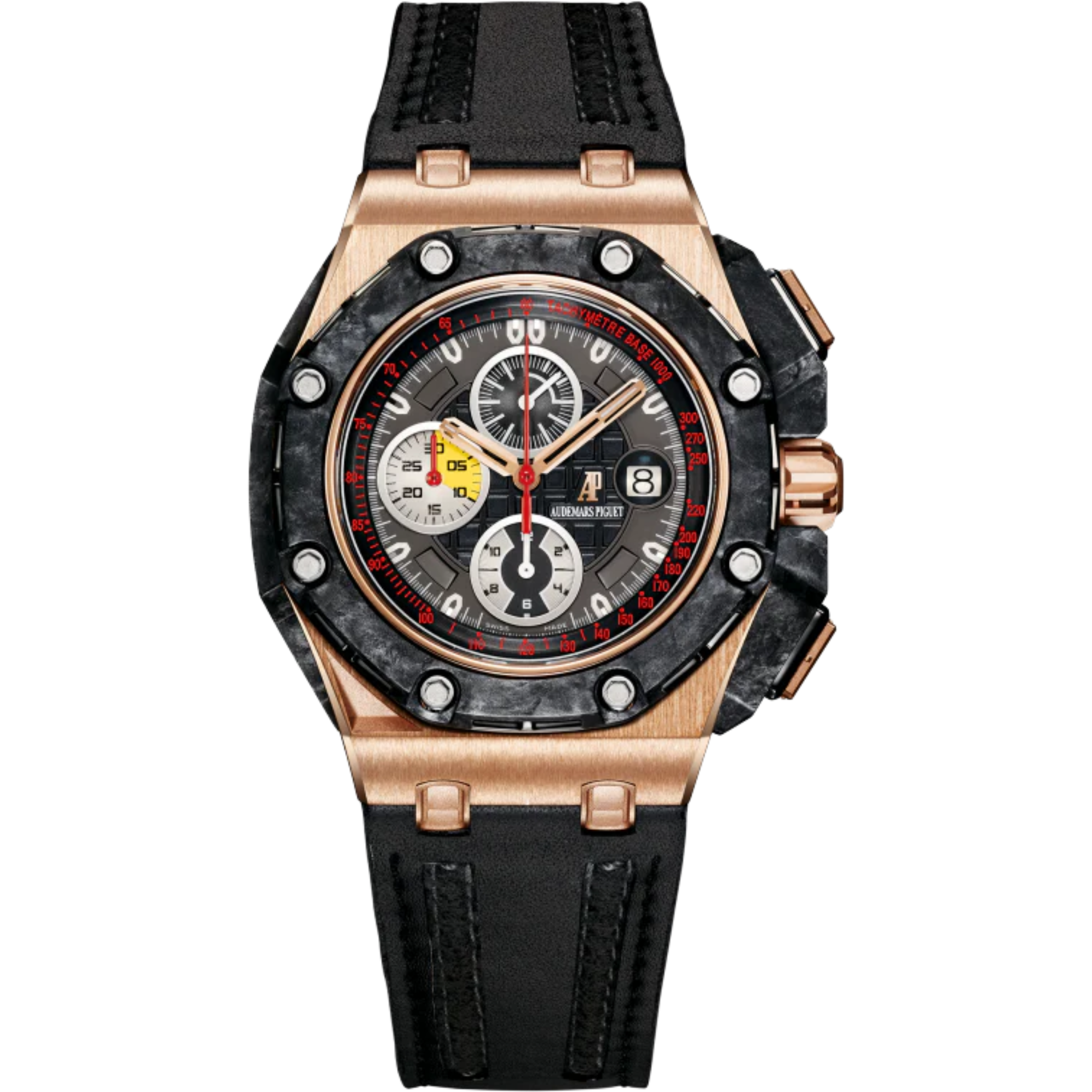 Royal Oak Offshore Grand Prix Chronograph 44MM Black Leather Strap  Black Dial With Méga Tapisserie Pattern 18 Carats Pink Gold Case Black Ceramic and Forged Carbon Bezel - Audemars Piguet