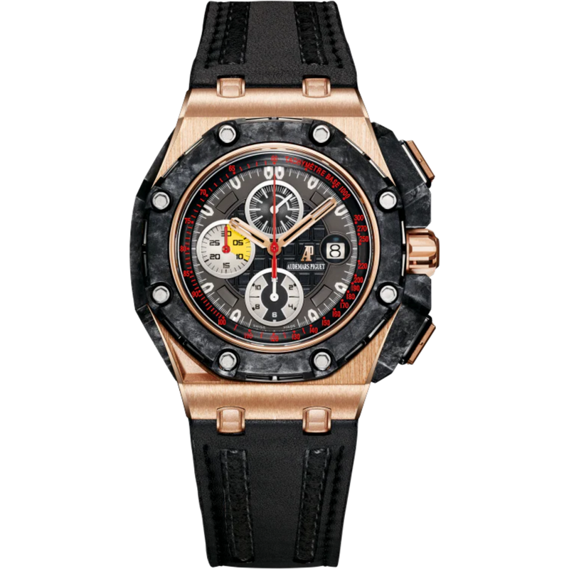 Royal Oak Offshore Grand Prix Chronograph 44MM Black Leather Strap  Black Dial With Méga Tapisserie Pattern 18 Carats Pink Gold Case Black Ceramic and Forged Carbon Bezel - Audemars Piguet