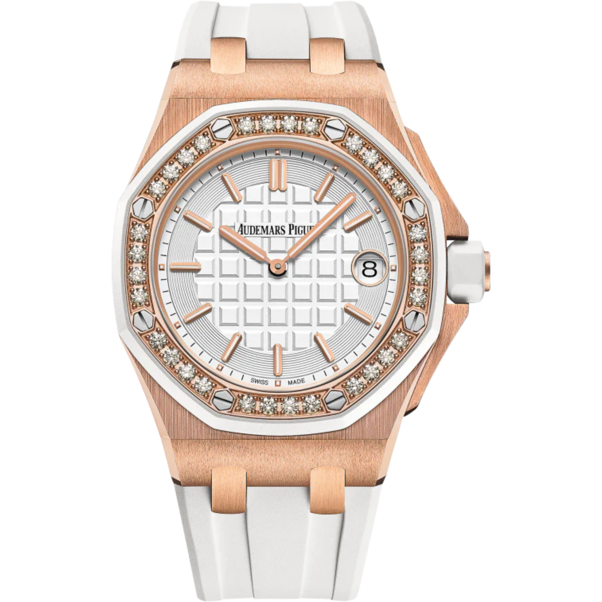 Royal Oak Offshore Quartz 37MM White Rubber Strap Light Silver-Toned Dial With Méga Tapisserie Pattern 18-Carat Pink Gold Case White Rubber-Clad Diamond-Set Bezel and Crown - Audemars Piguet
