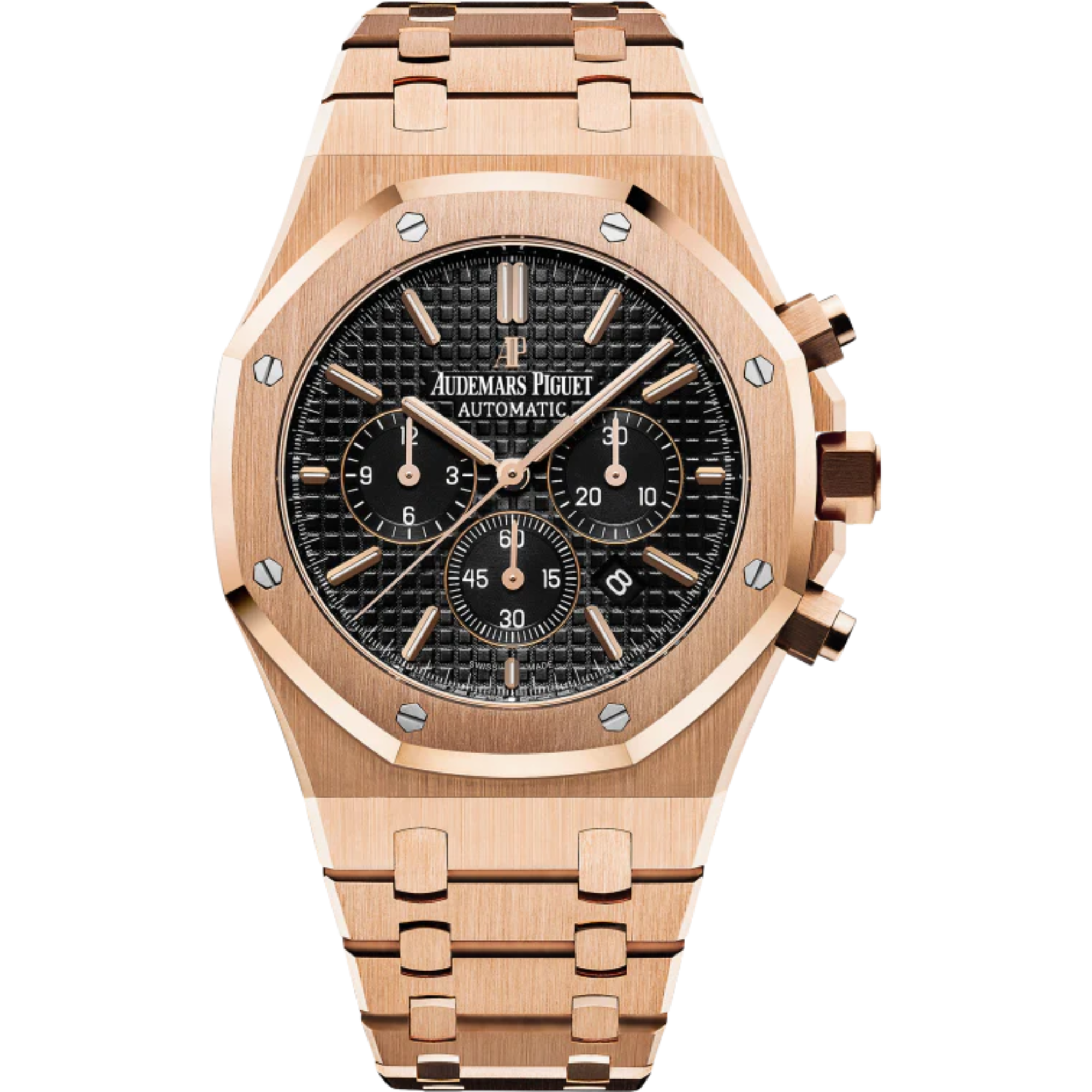 Royal Oak Chronograph 41MM 18-Carat Pink Gold Bracelet Black Dial With Grande Tapisserie Pattern 18-Carat Pink Gold Case - Audemars Piguet