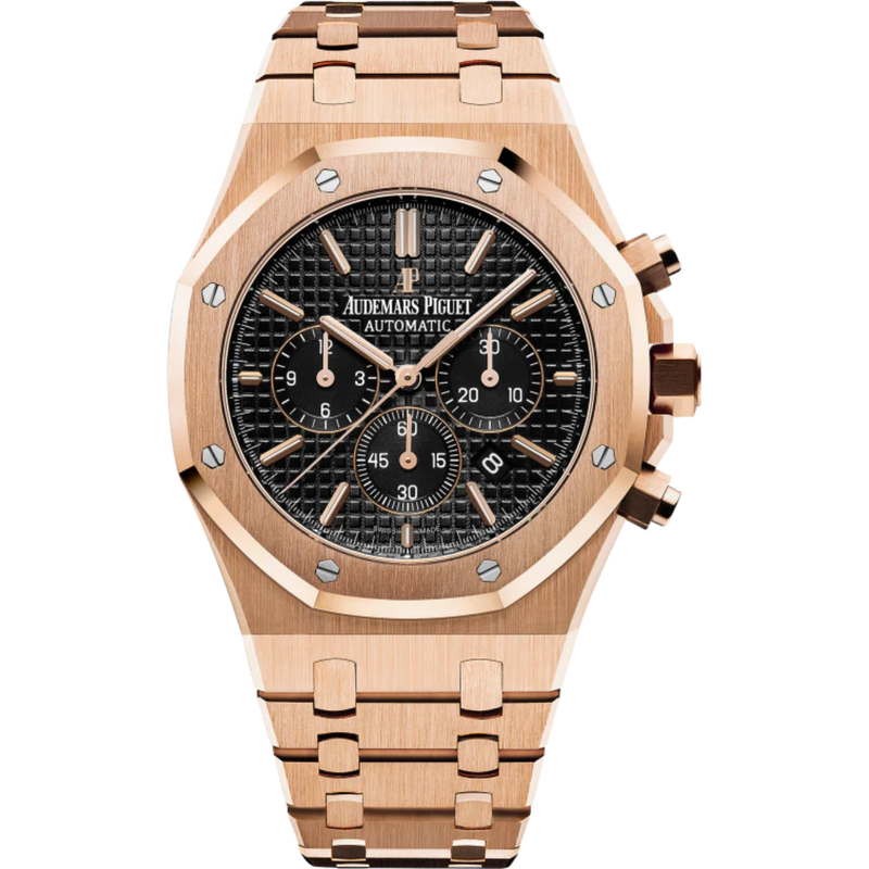 Royal Oak Chronograph 41MM 18-Carat Pink Gold Bracelet Black Dial With Grande Tapisserie Pattern 18-Carat Pink Gold Case - Audemars Piguet