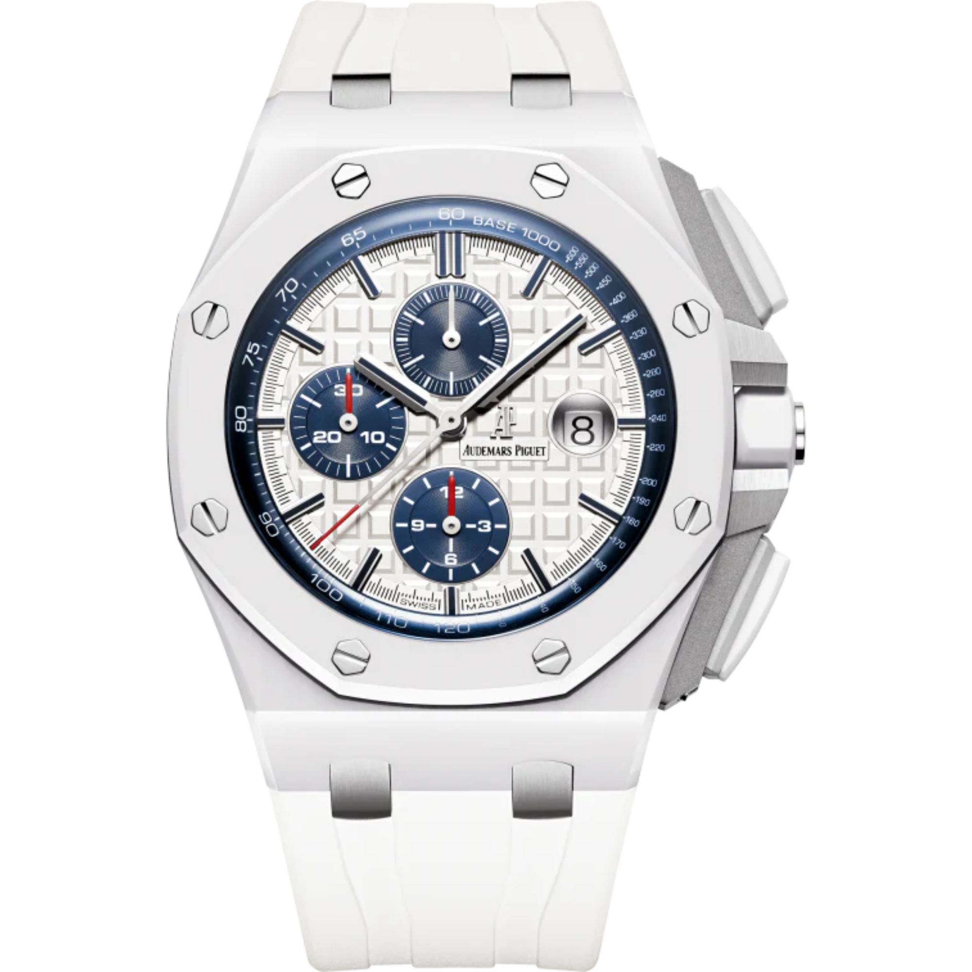 Royal Oak Offshore Chronograph 44MM White Rubber Strap Light Silver-Toned Dial With Méga Tapisserie Pattern White Ceramic Case and Bezel - Audemars Piguet