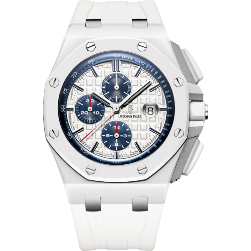 Royal Oak Offshore Chronograph 44MM White Rubber Strap Light Silver-Toned Dial With Méga Tapisserie Pattern White Ceramic Case and Bezel - Audemars Piguet