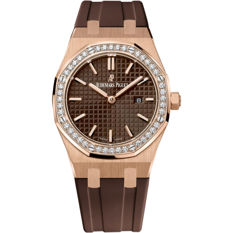 Royal Oak Quartz 33MM Brown Rubber Strap Brown Dial With Grande Tapisserie Pattern 18-Carat Pink Gold Case Diamond-Set Bezel - Audemars Piguet