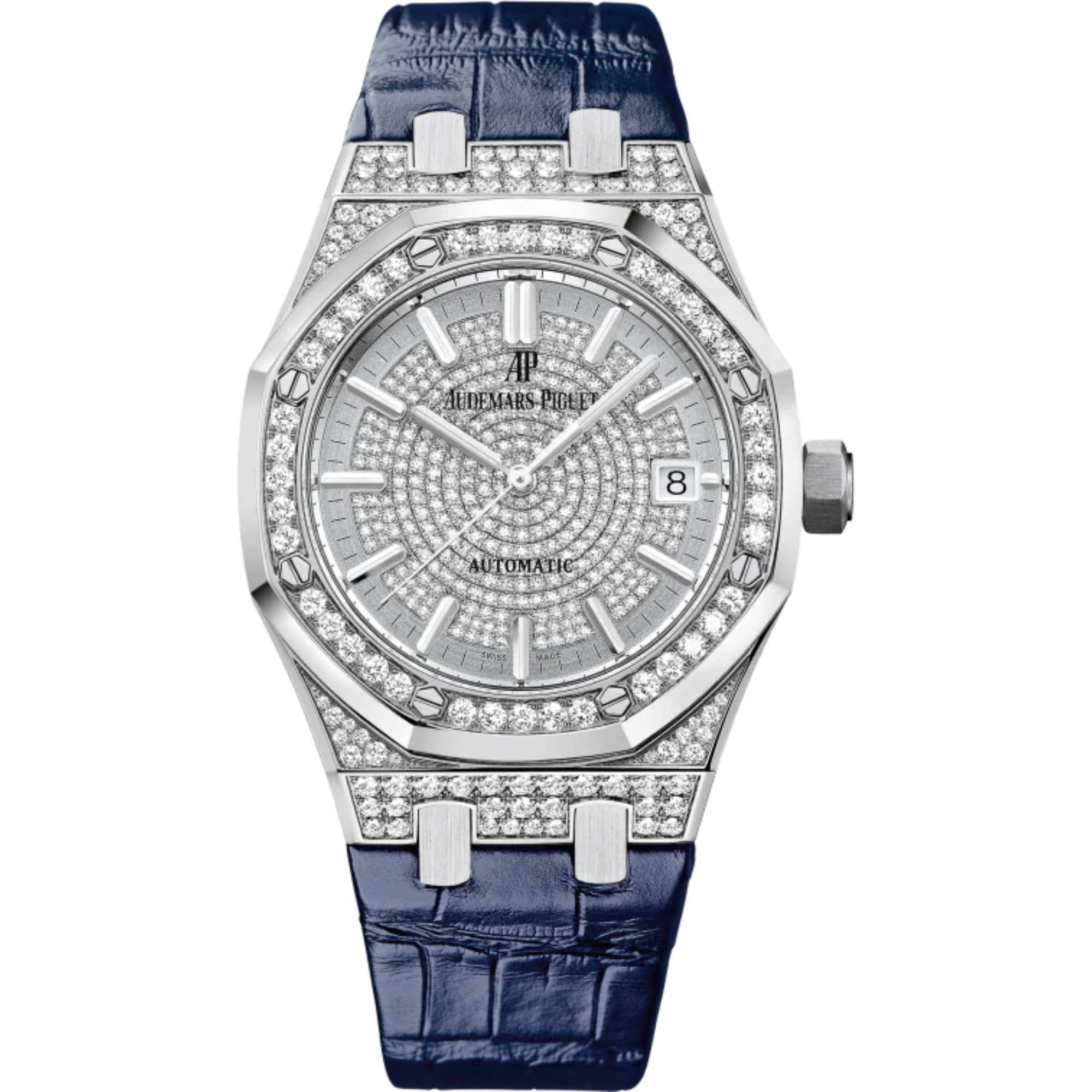 Royal Oak Selfwinding 37MM Blue Alligator Strap Diamond-Paved Dial With Grande Tapisserie Guilloché Pattern 18-Carat White Gold Case - Audemars Piguet