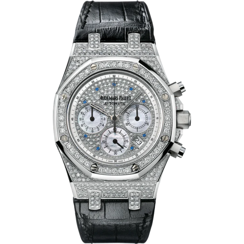Royal Oak Chronograph 39MM Black Alligator Strap Diamond-Paved 18-Carat White Gold Dial 18-Carat White Gold Case Entirely Set With Diamonds - Audemars Piguet