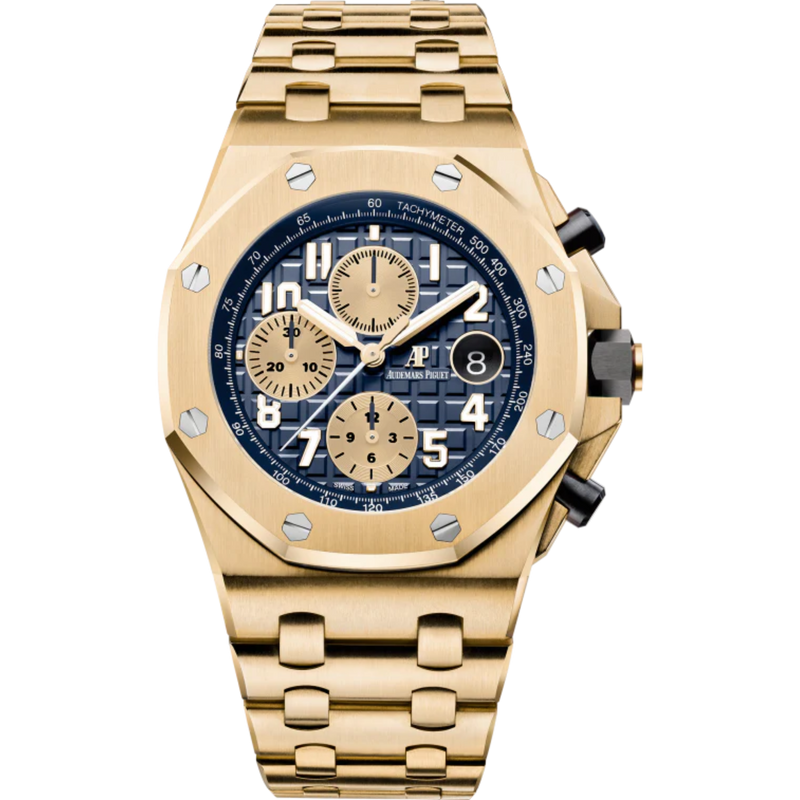 Royal Oak Offshore Chronograph 42MM 18-Carat Yellow Gold Bracelet Blue Dial With Méga Tapisserie Pattern 18-Carat Yellow Gold Case - Audemars Piguet