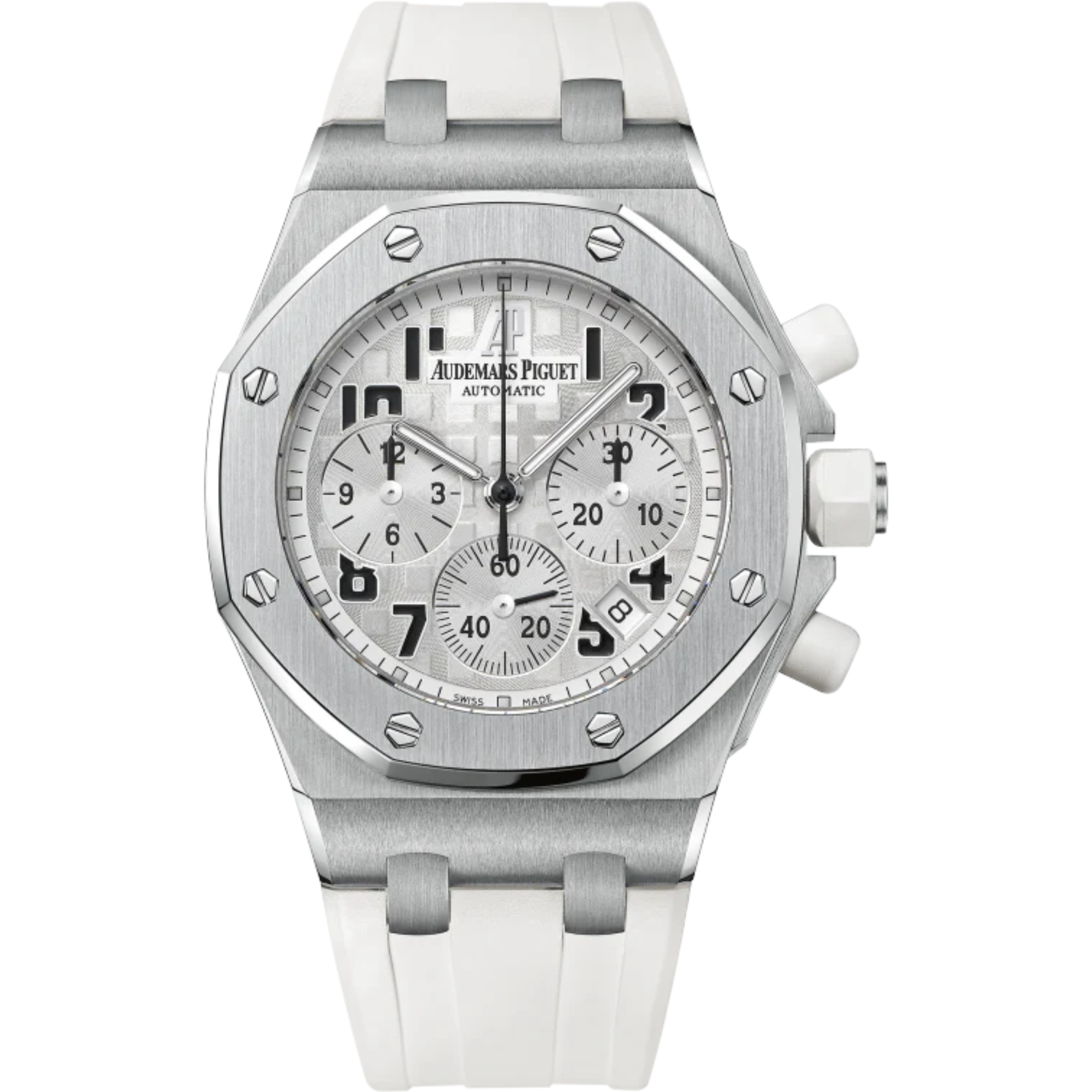 Royal Oak Offshore Chronograph 37MM White Rubber Strap Silver-Toned Dial With Méga Tapisserie Pattern Stainless Steel Case - Audemars Piguet