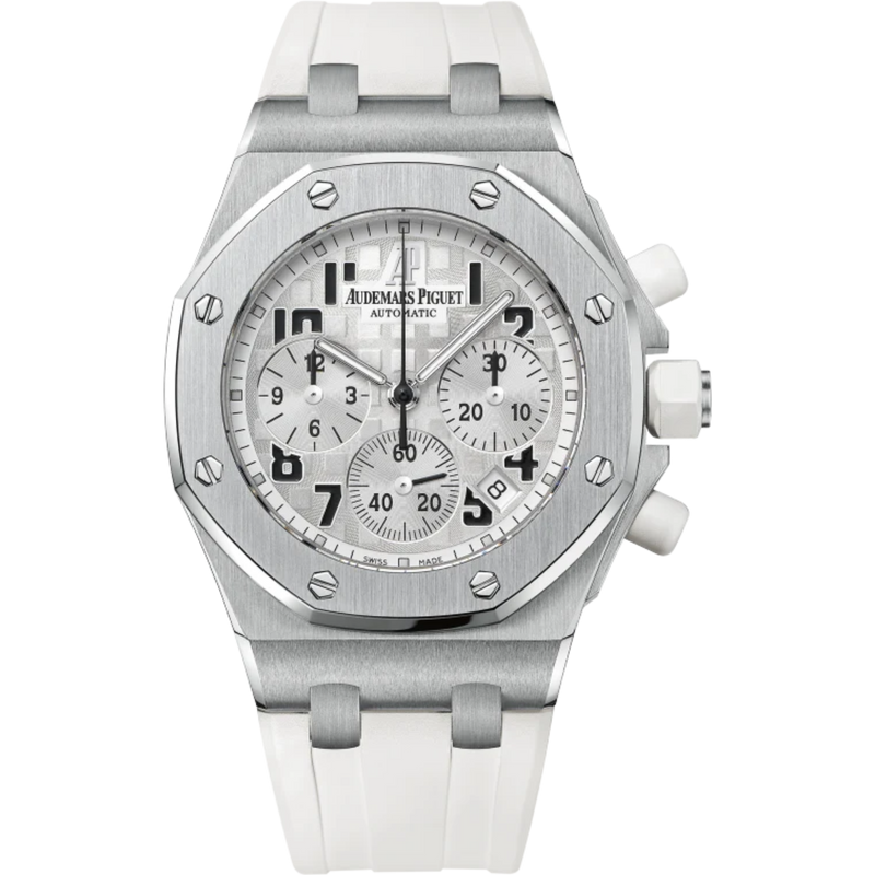 Royal Oak Offshore Chronograph 37MM White Rubber Strap Silver-Toned Dial With Méga Tapisserie Pattern Stainless Steel Case - Audemars Piguet