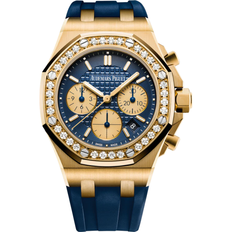 Royal Oak Offshore Selfwinding Chronograph 37MM Blue Rubber Strap Blue Dial With Lady Tapisserie Pattern 18-Carat Yellow Gold Case Diamond-Set Bezel - Audemars Piguet