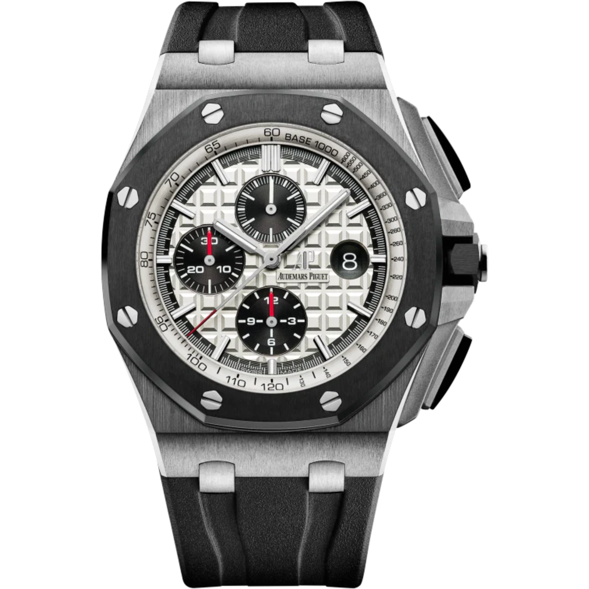 Royal Oak Offshore Chronograph 44MM Black Rubber Strap Silver-Toned Dial With Méga Tapisserie Pattern Stainless Steel Case - Audemars Piguet