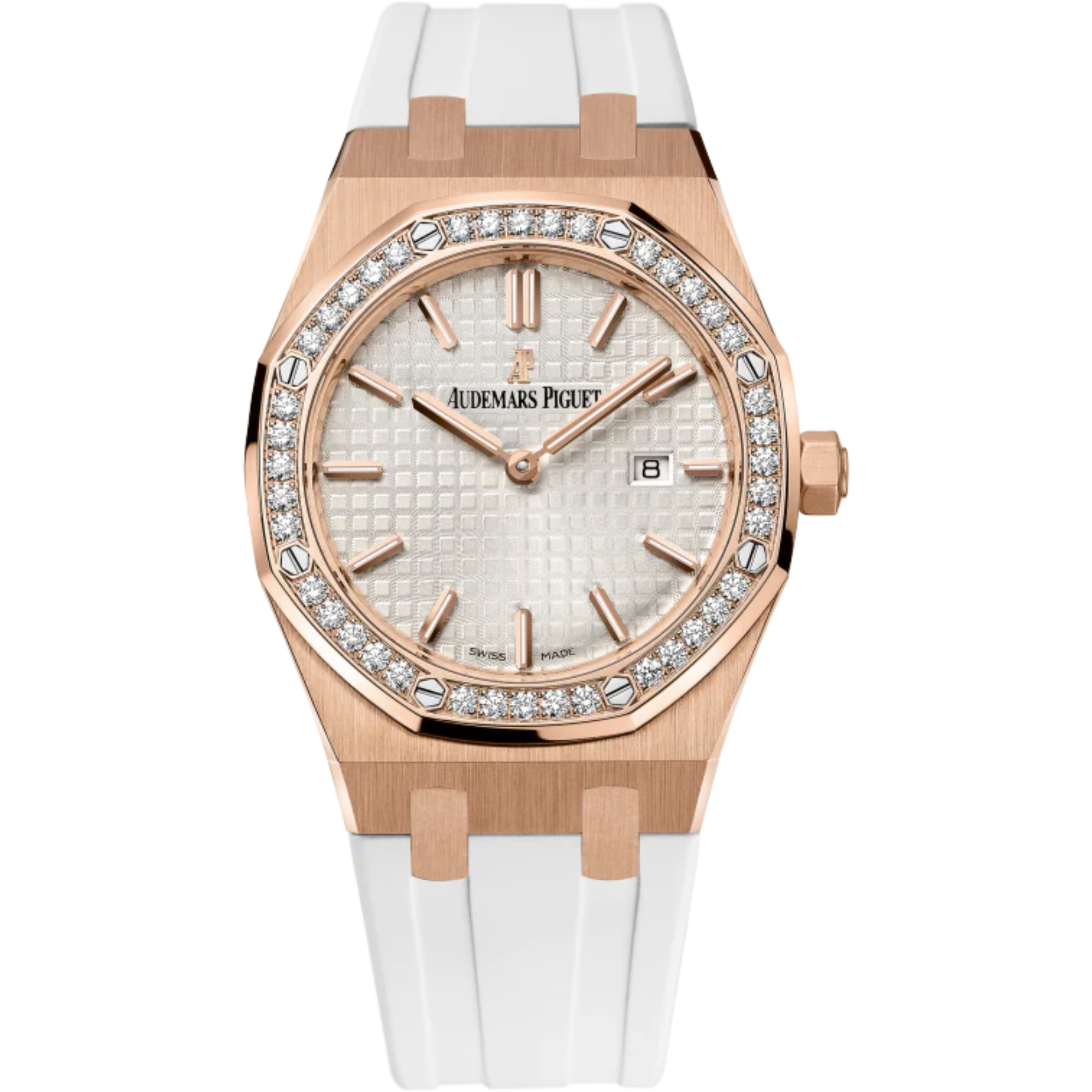 Royal Oak Quartz 33MM White Rubber Strap Silver-Toned Dial With Grande Tapisserie Pattern 18-Carat Pink Gold Case Diamond-Set Bezel - Audemars Piguet