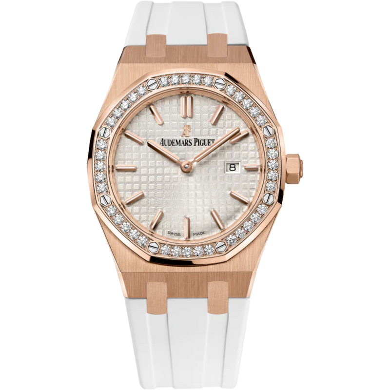 Royal Oak Quartz 33MM White Rubber Strap Silver-Toned Dial With Grande Tapisserie Pattern 18-Carat Pink Gold Case Diamond-Set Bezel - Audemars Piguet