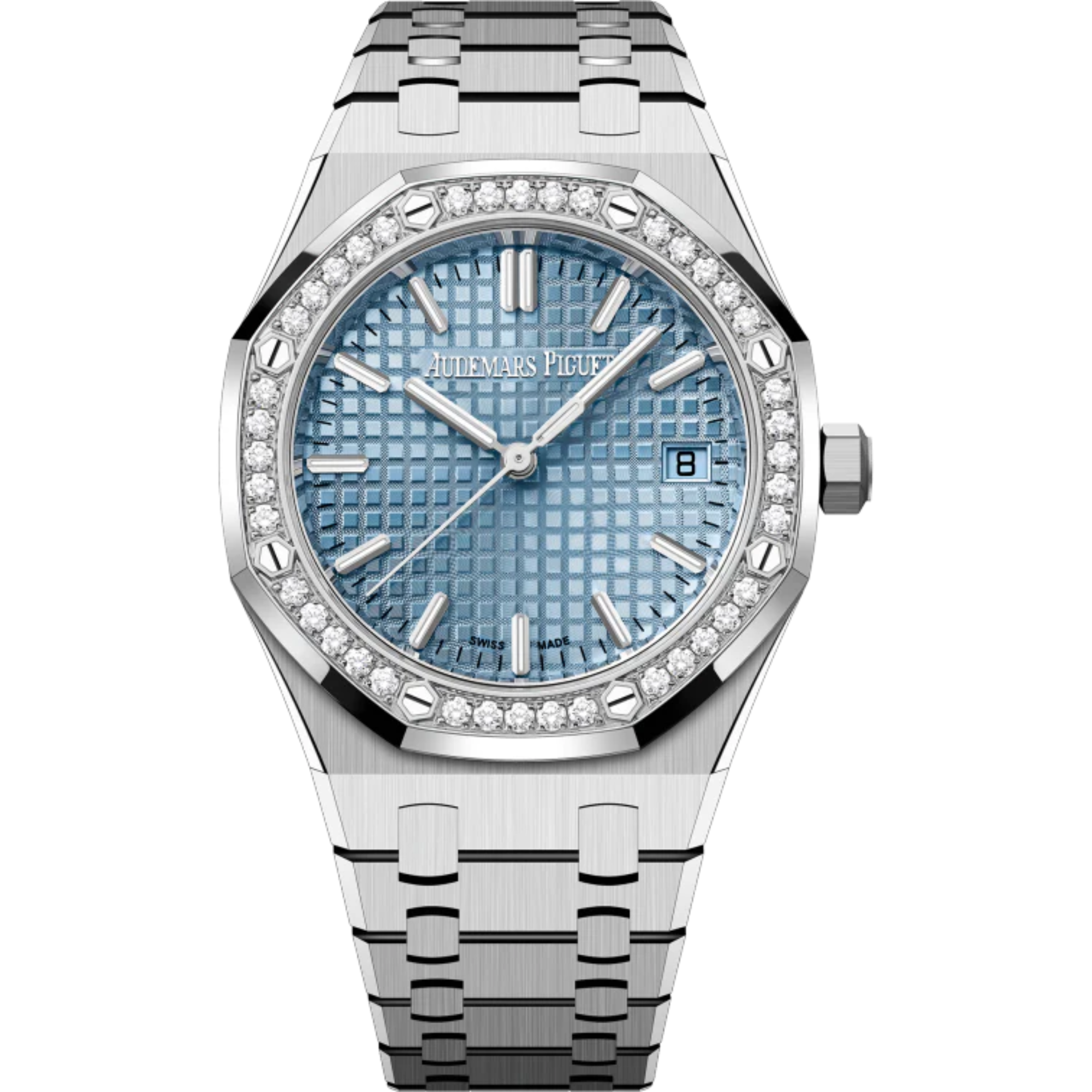 Royal Oak Selfwinding 50th Anniversary 34MM Stainless Steel Bracelet Light Blue Dial With Grande Tapisserie Pattern Stainless Steel Case Bezel Set With Brilliant-Cut Diamonds - Audemars Piguet