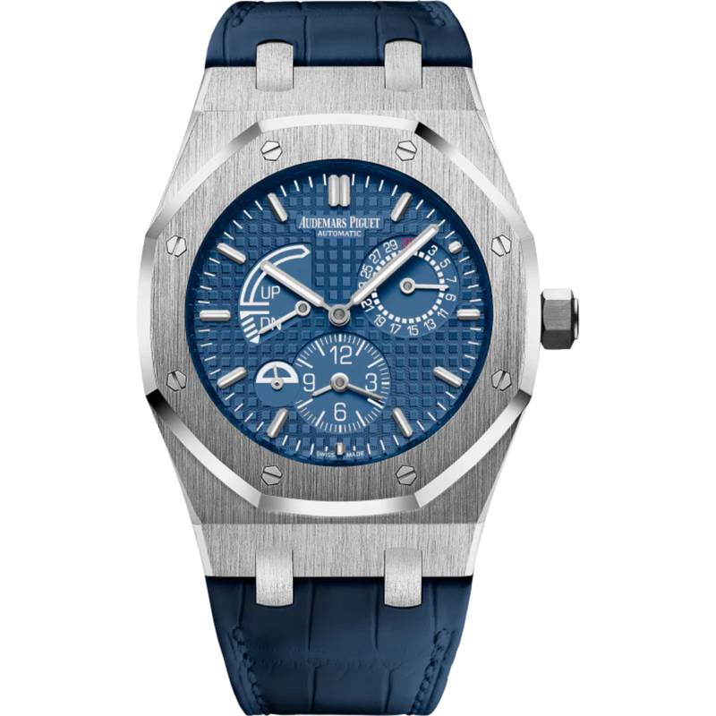 Royal Oak Dual Time 39MM Blue Alligator Strap Blue Dial With Grande Tapisserie Pattern  Stainless Steel Case - Audemars Piguet