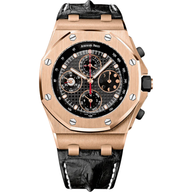 Royal Oak Offshore Chronograph Perpetual Calendar 42MM Black Alligator Strap Black Dial With Grande Tapisserie Pattern 18-Carat Pink Gold Case - Audemars Piguet