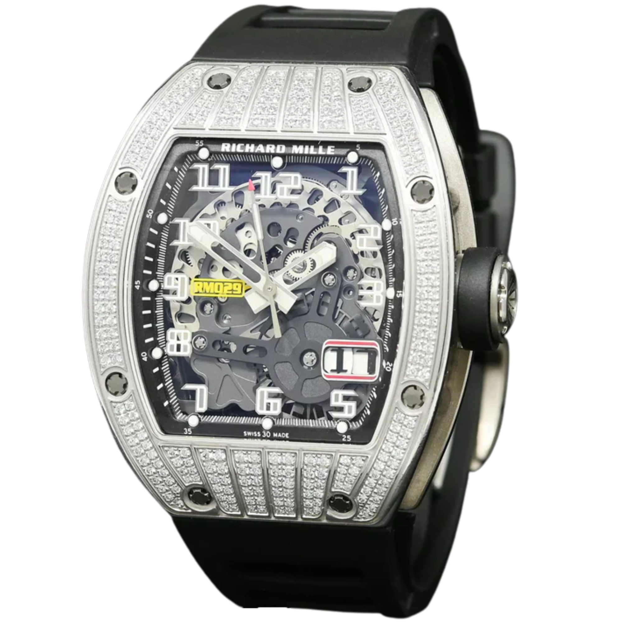 RM 029 White Gold Full Pave Diamond Rubber Strap Skeleton Dial White Gold Diamond Set Case - Richard Mille