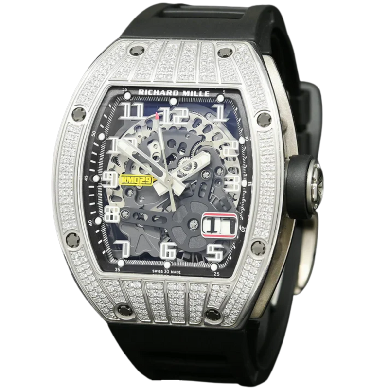 RM 029 White Gold Full Pave Diamond Rubber Strap Skeleton Dial White Gold Diamond Set Case - Richard Mille