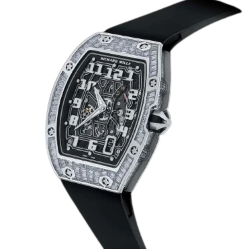 RM 67-01 Automatic Winding Extra Flat Black Rubber Strap White Gold Diamond Set Case - Richard Mille