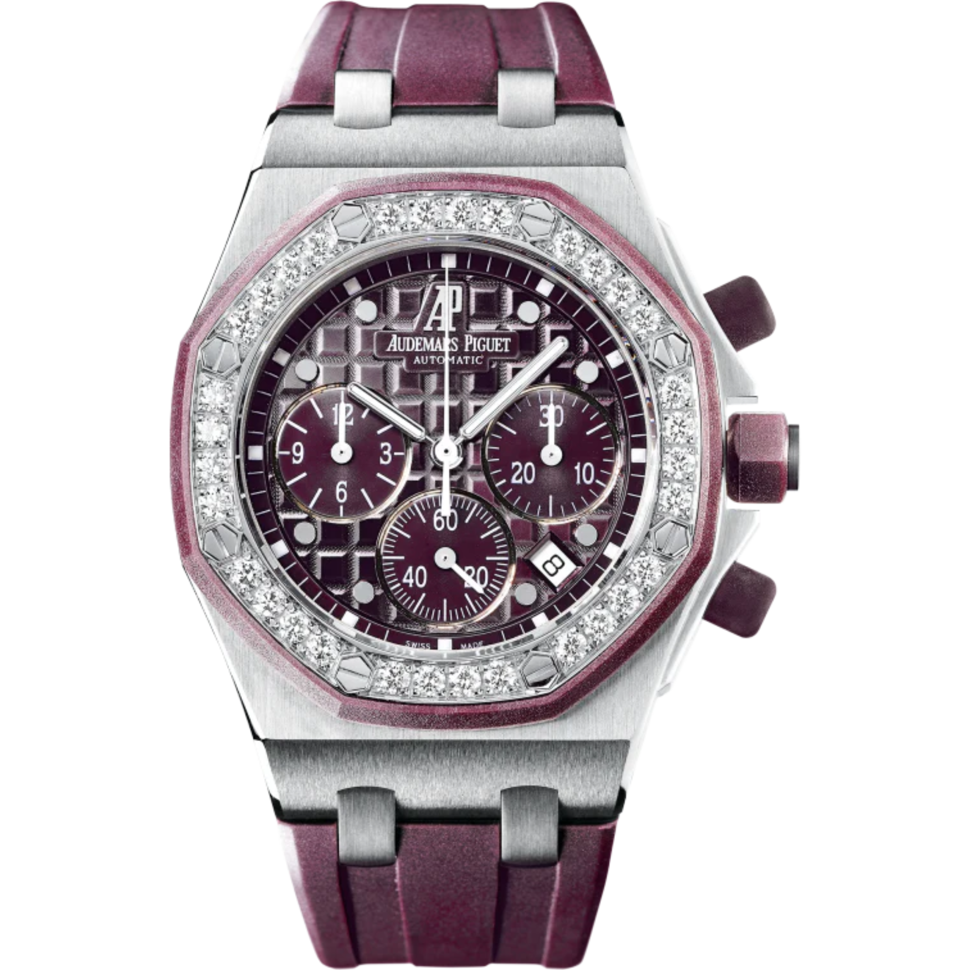 Royal Oak Offshore Chronograph 37MM Plum-Coloured Rubber Strap Plum-Coloured Dial With Méga Tapisserie Pattern Stainless Steel Case Diamond-Set Bezel - Audemars Piguet