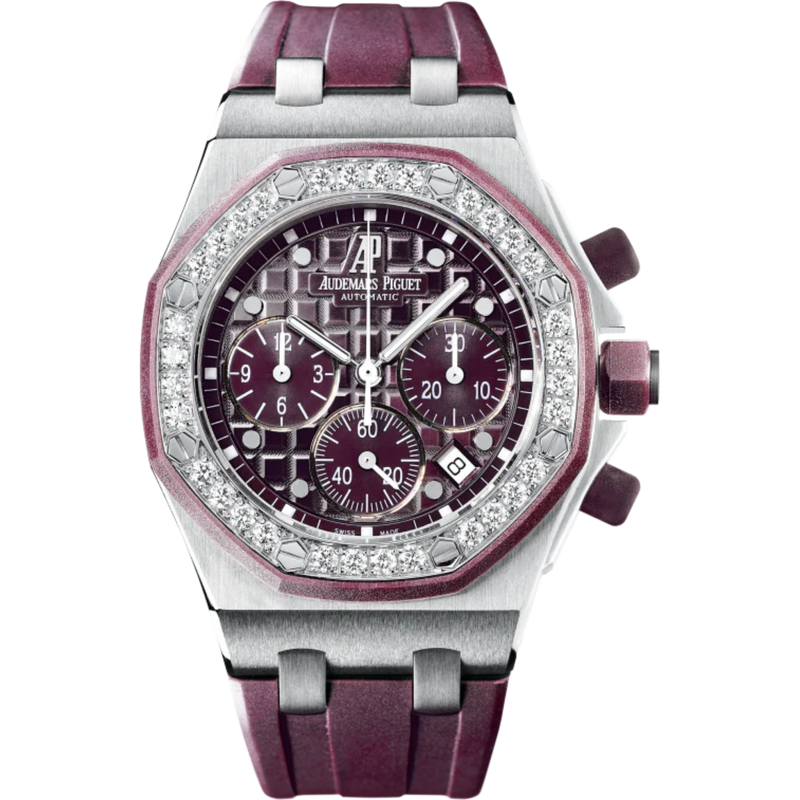 Royal Oak Offshore Chronograph 37MM Plum-Coloured Rubber Strap Plum-Coloured Dial With Méga Tapisserie Pattern Stainless Steel Case Diamond-Set Bezel - Audemars Piguet