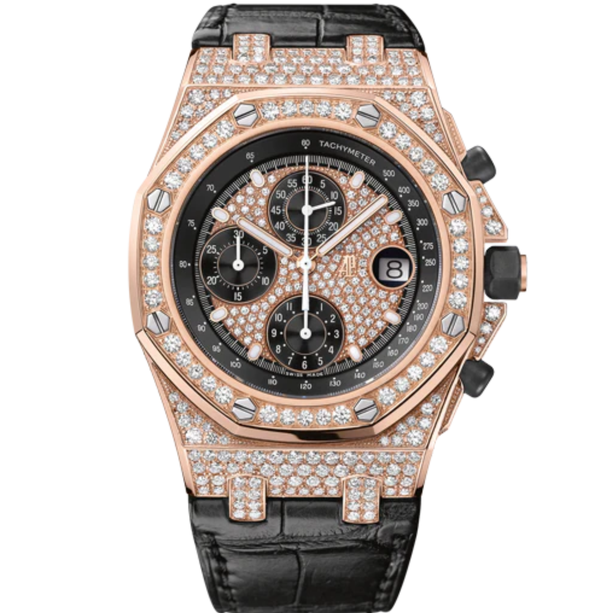 Royal Oak Offshore Chronograph 42MM Black Alligator Strap Diamond-Paved Dial 18-Carat Pink Gold Case Entirely Set With Diamonds - Audemars Piguet