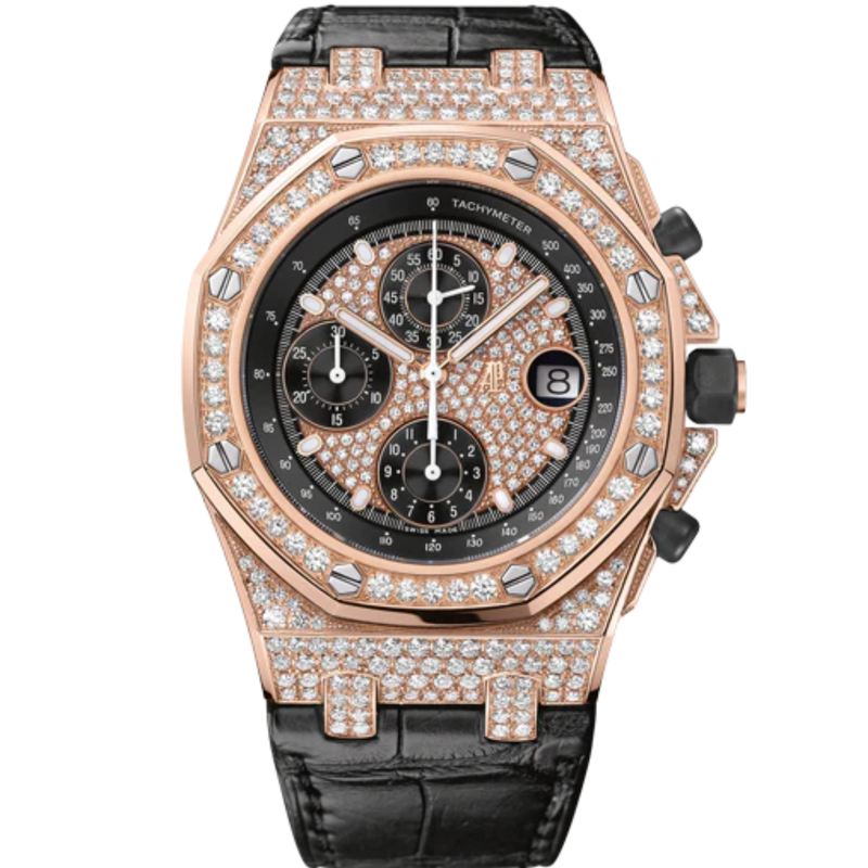 Royal Oak Offshore Chronograph 42MM Black Alligator Strap Diamond-Paved Dial 18-Carat Pink Gold Case Entirely Set With Diamonds - Audemars Piguet