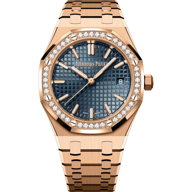 Royal Oak Selfwinding 50th Anniversary 34MM 18-Carat Pink Gold Bracelet Bleu Nuit Nuage 50 Dial With Grande Tapisserie Pattern 18-Carat Pink Gold Case Bezel Set With Brilliant-Cut Diamonds - Audemars Piguet