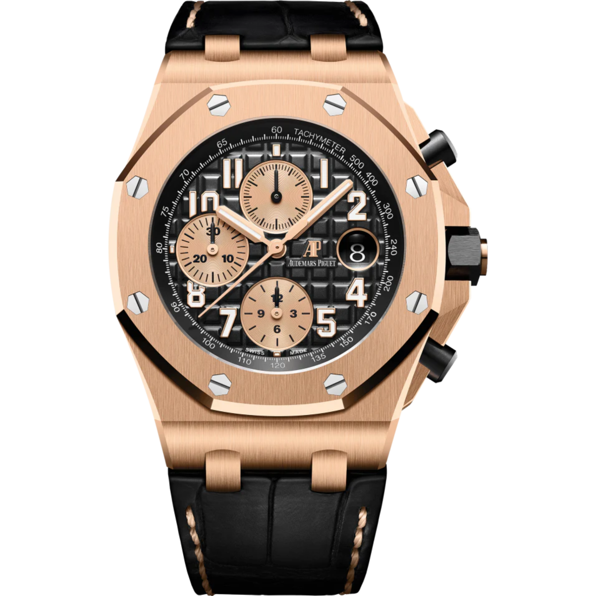 Royal Oak Offshore Selfwinding Chronograph 42MM Black Alligator Strap Black Dial With Méga Tapisserie Pattern 18-Carat Pink Gold Case - Audemars Piguet