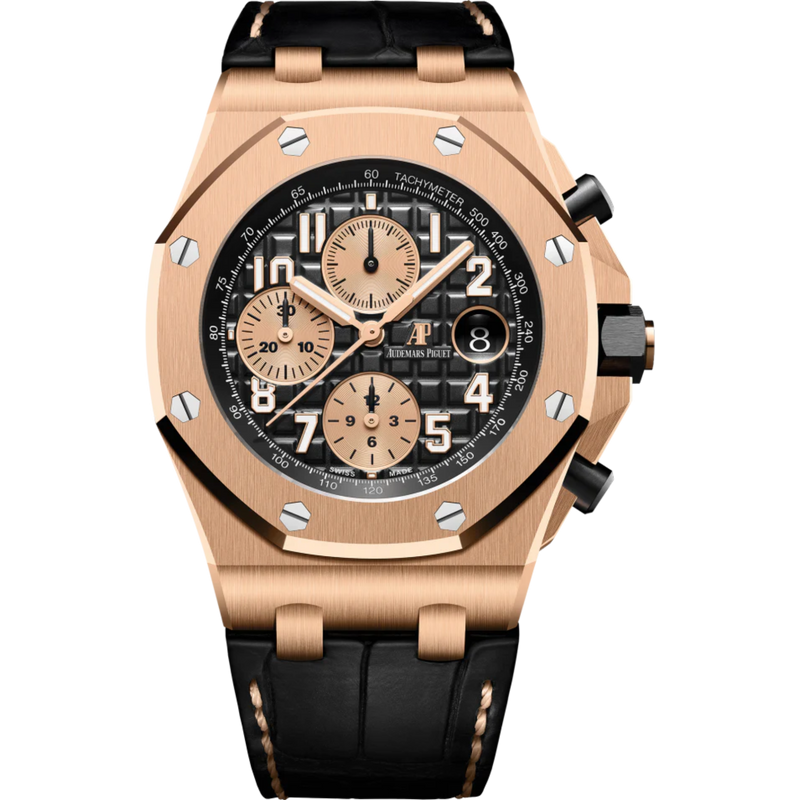 Royal Oak Offshore Selfwinding Chronograph 42MM Black Alligator Strap Black Dial With Méga Tapisserie Pattern 18-Carat Pink Gold Case - Audemars Piguet