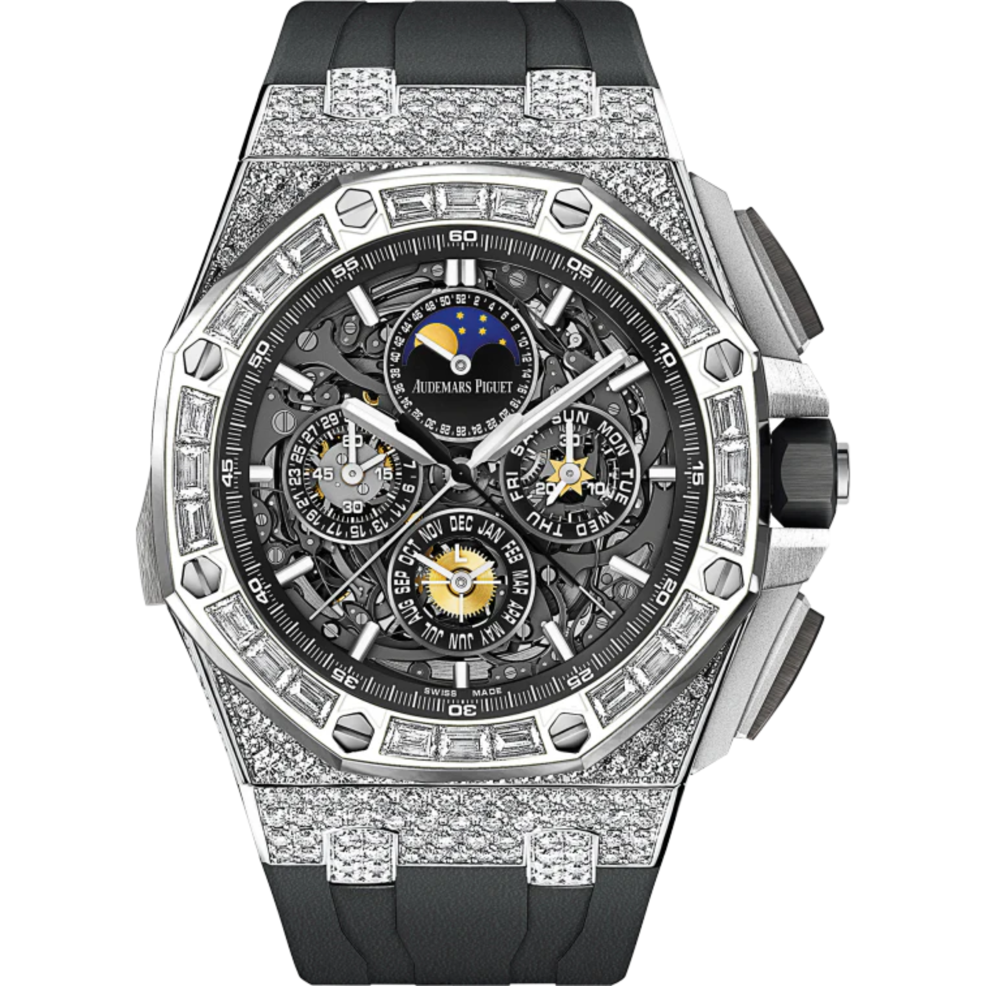 Royal Oak Offshore Grande Complication Openworked 44MM Black Rubber Strap Sapphire Dial 18-Carat White Gold Case 18-Carat White Gold Bezel Set With Baguette-Cut Diamonds - Audemars Piguet