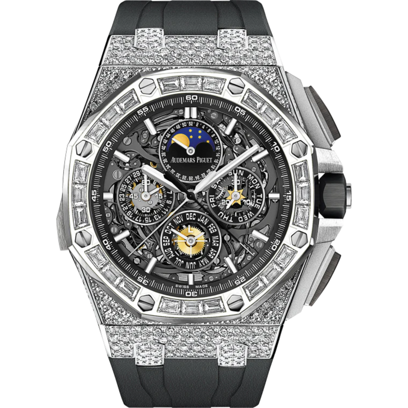 Royal Oak Offshore Grande Complication Openworked 44MM Black Rubber Strap Sapphire Dial 18-Carat White Gold Case 18-Carat White Gold Bezel Set With Baguette-Cut Diamonds - Audemars Piguet