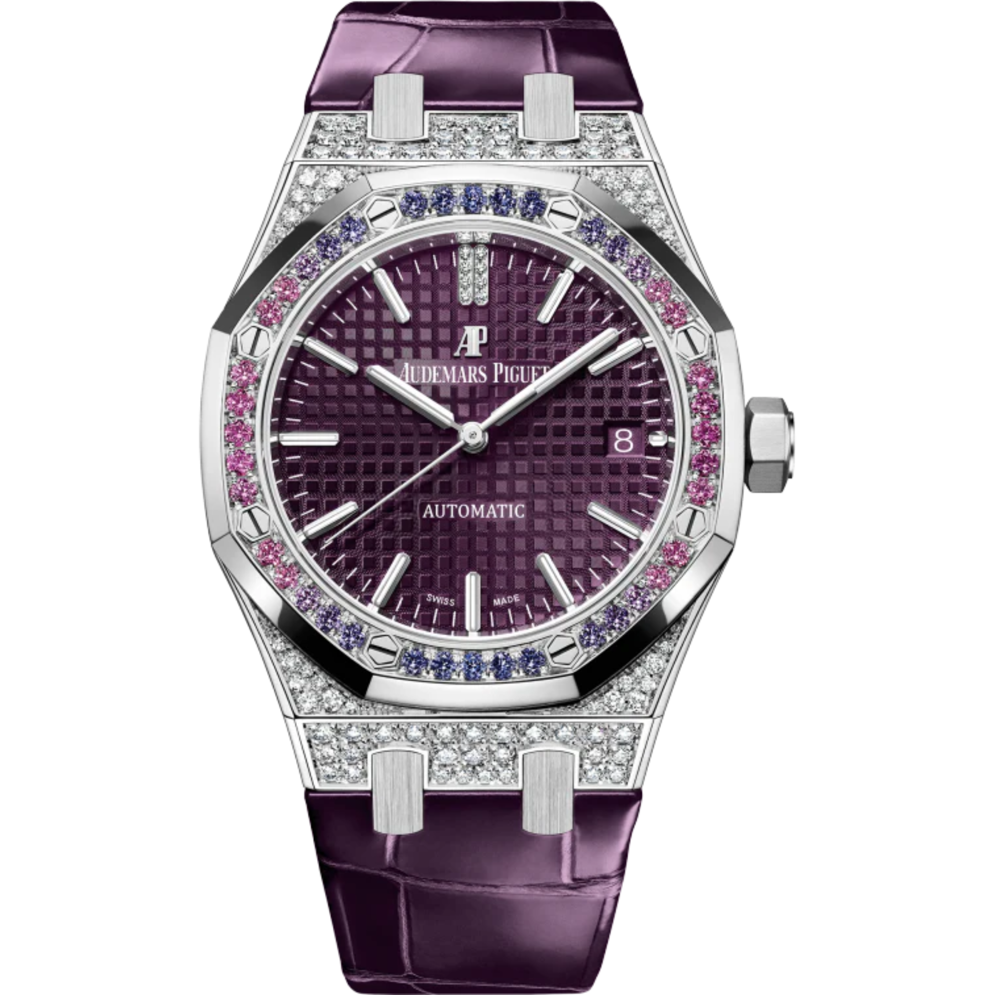 Royal Oak Selfwinding 37MM Purple Alligator Strap Purple Dial With Grande Tapisserie Pattern 18-Carat White Gold Case Bezel Set With Brilliant-Cut Sapphires - Audemars Piguet