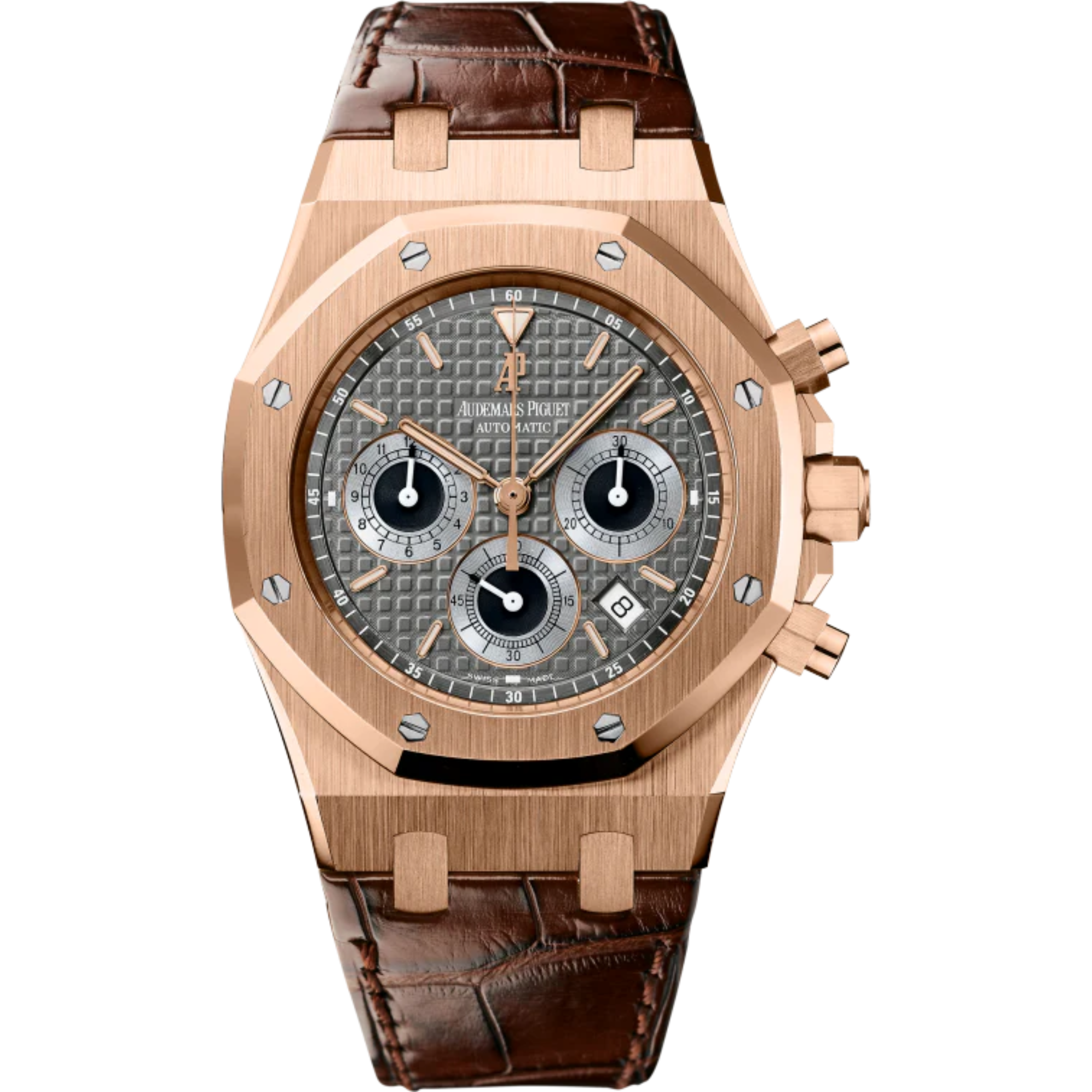 Royal Oak Chronograph 39MM Brown Alligator Strap Brown Dial With Grande Tapisserie Pattern 18-Carat Pink Gold Case - Audemars Piguet