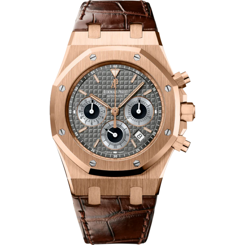 Royal Oak Chronograph 39MM Brown Alligator Strap Brown Dial With Grande Tapisserie Pattern 18-Carat Pink Gold Case - Audemars Piguet