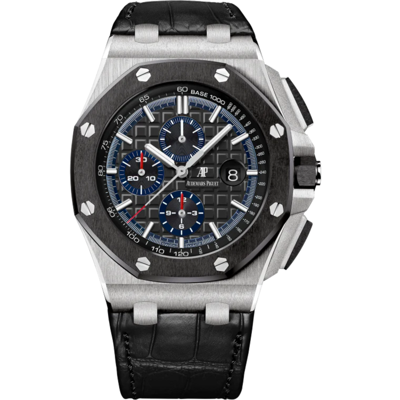 Royal Oak Offshore Selfwinding Chronograph 44MM Black Alligator Strap Black Dial With Méga Tapisserie Pattern 950 Platinum Case - Audemars Piguet