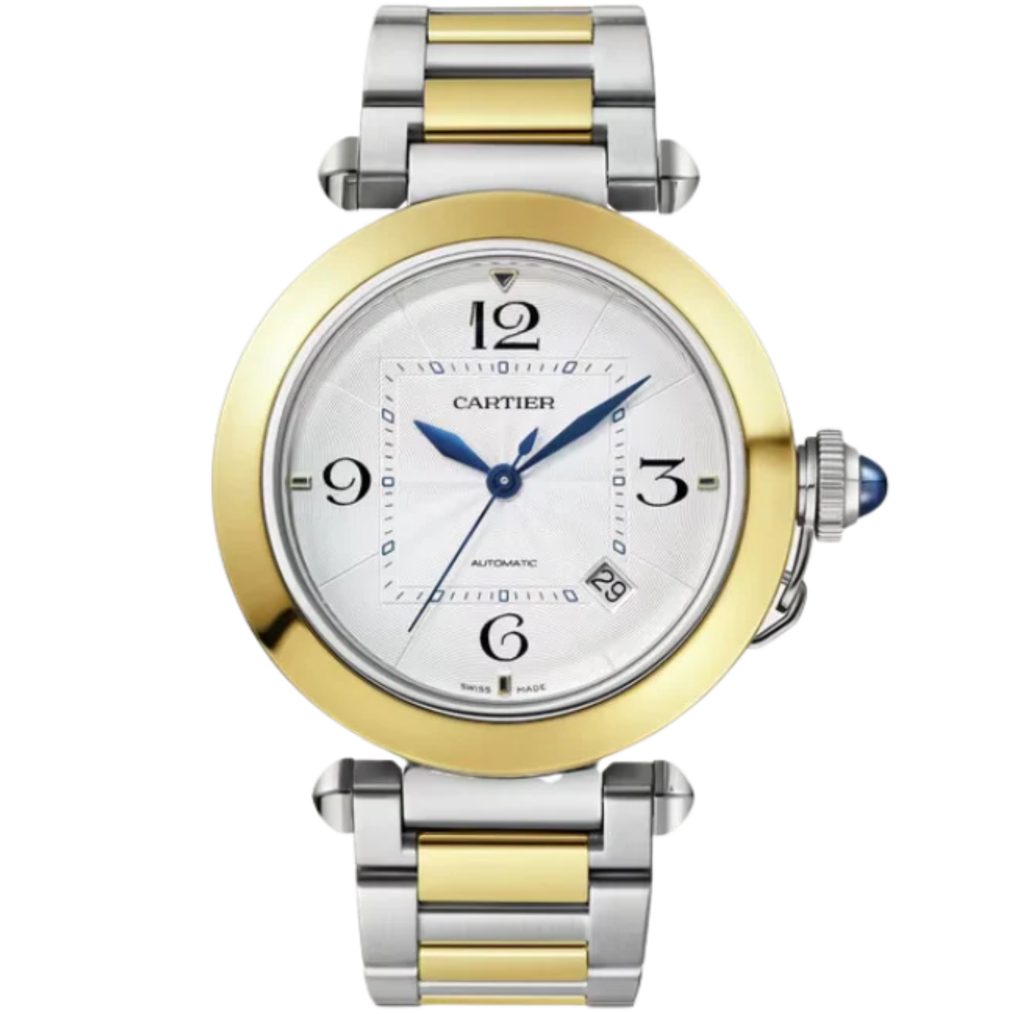 PASHA DE CARTIER 41 MM STAINLESS STEEL WITH 18K YELLOW GOLD BEZEL AND SILVER FLINQUE DIAL - Cartier