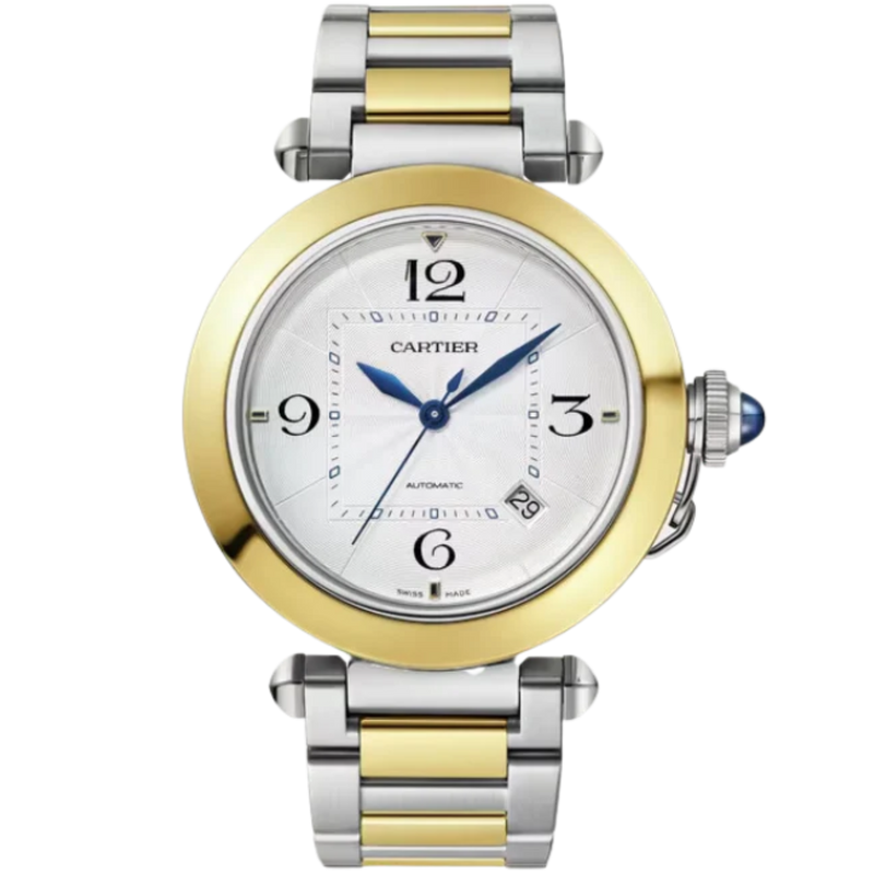 PASHA DE CARTIER 41 MM STAINLESS STEEL WITH 18K YELLOW GOLD BEZEL AND SILVER FLINQUE DIAL - Cartier