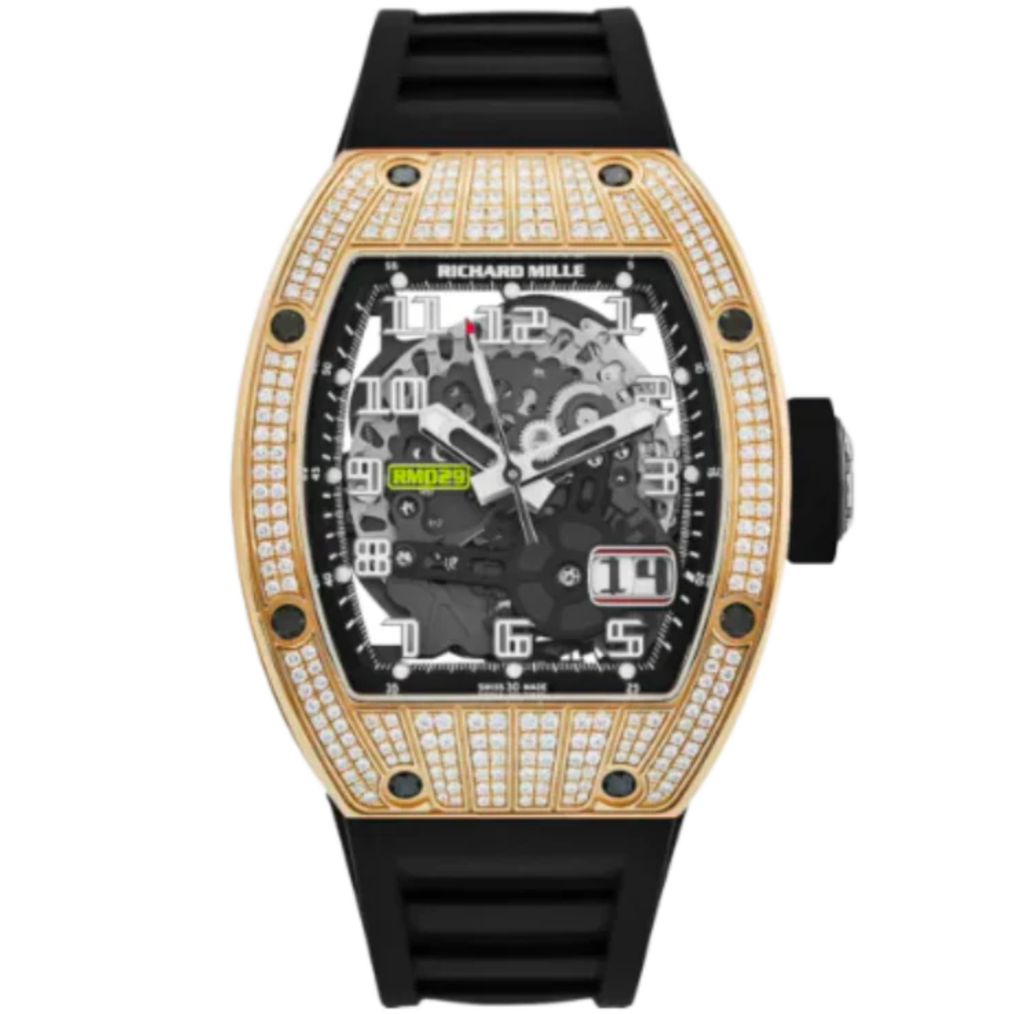 RM 029 Rose Gold Full Pave Diamond Rubber Strap Skeleton Dial Rose Gold Diamond Set Case - Richard Mille