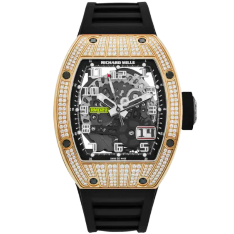 RM 029 Rose Gold Full Pave Diamond Rubber Strap Skeleton Dial Rose Gold Diamond Set Case - Richard Mille