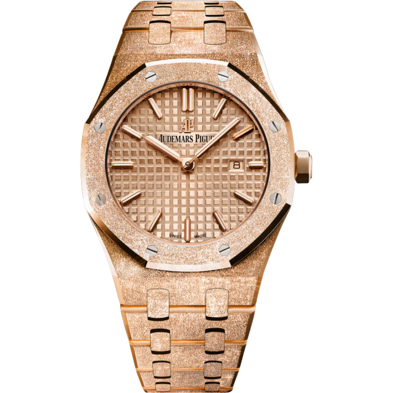 Royal Oak Frosted Gold Quartz 33MM Hammered 18-Carat Pink Gold Bracelet Pink Gold-Toned Dial With Grande Tapisserie Pattern Hammered 18-Carat Pink Gold Case - Audemars Piguet
