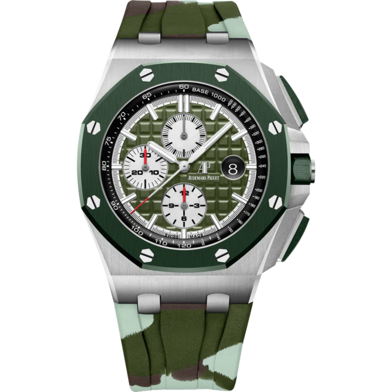 Royal Oak Offshore Selfwinding Chronograph 44MM Khaki Green Camouflage Rubber Strap Khaki Green Dial With Méga Tapisserie Pattern Stainless Steel Case Khaki Ceramic Bezel - Audemars Piguet