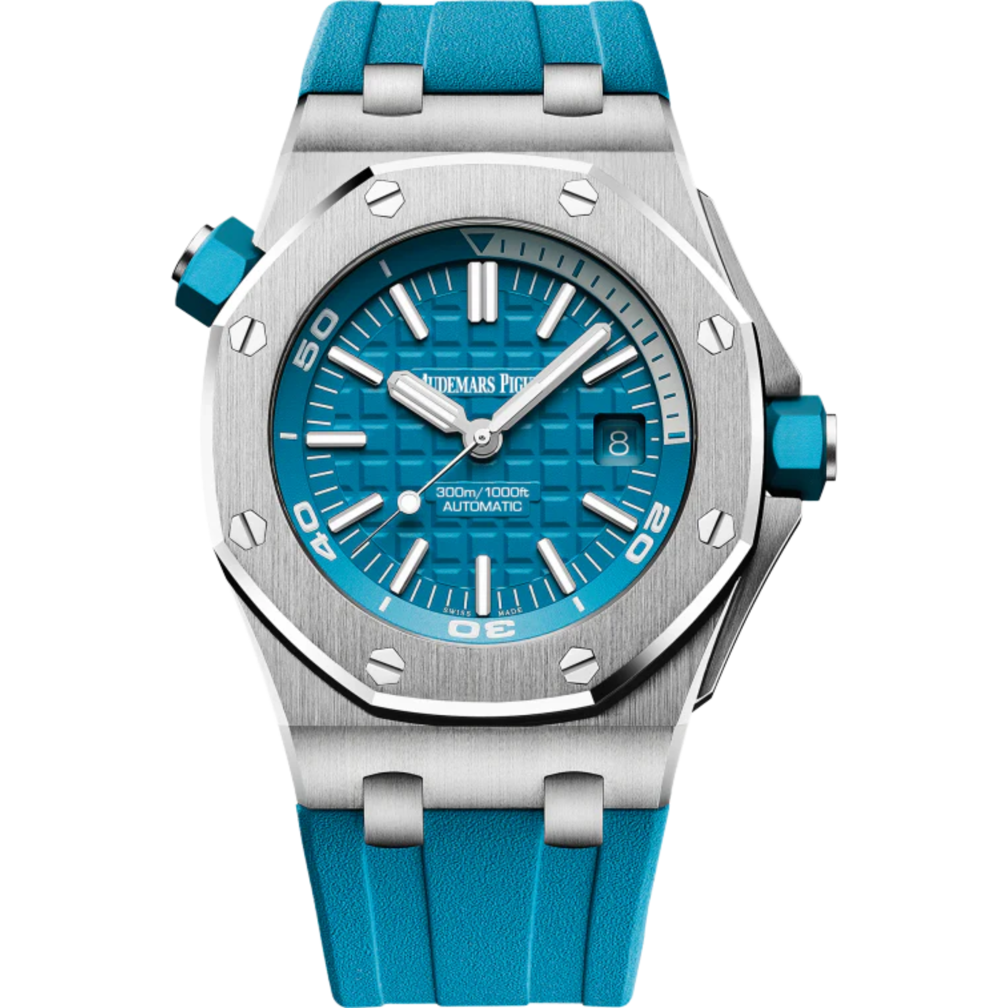 Royal Oak Offshore Diver 42MM Turquoise Blue Rubber Strap Turquoise Blue Dial With Méga Tapisserie Pattern Stainless Steel Case - Audemars Piguet