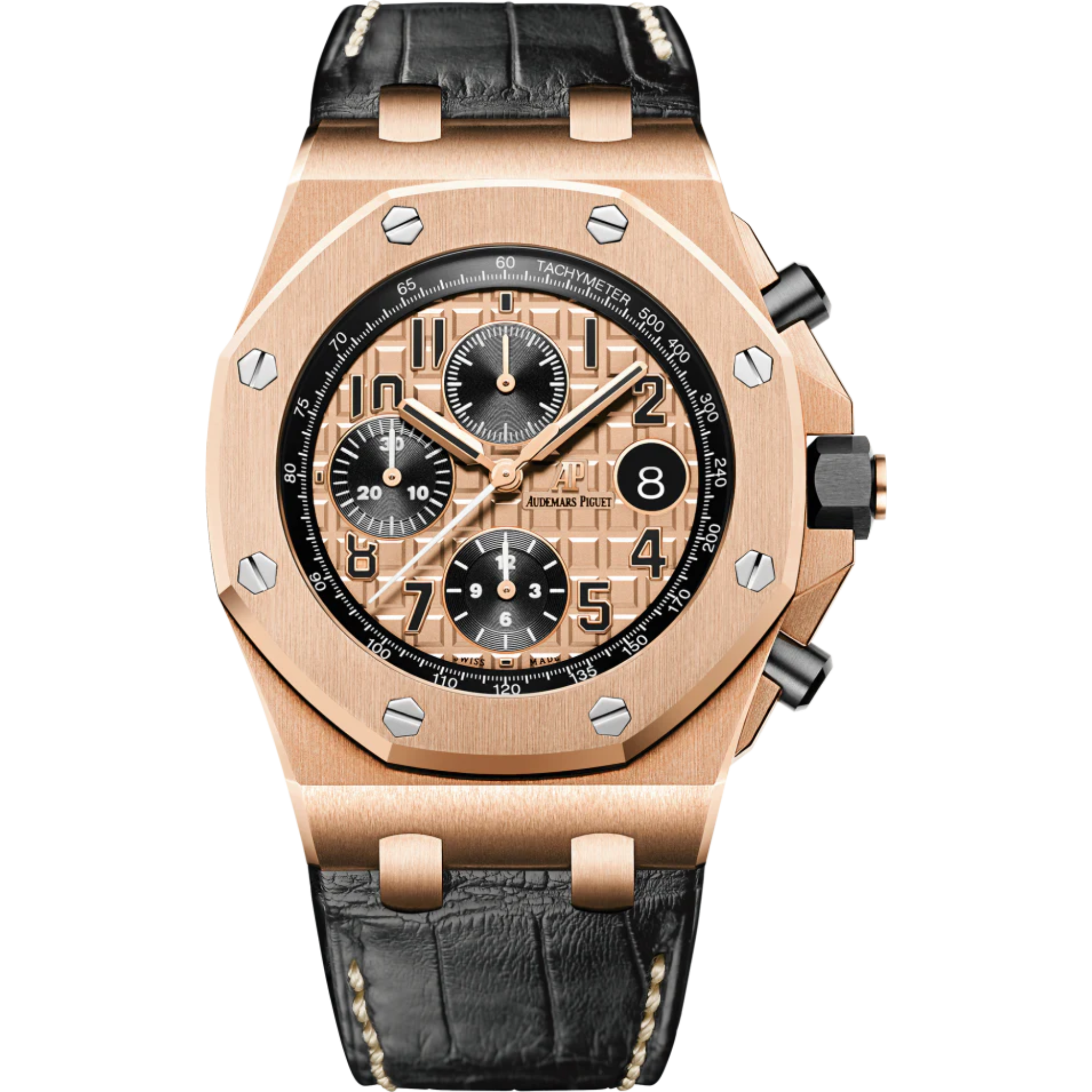 Royal Oak Offshore Chronograph 42MM Black Alligator Strap Pink Gold-Toned Dial With Méga Tapisserie Pattern 18-Carat Pink Gold Case - Audemars Piguet