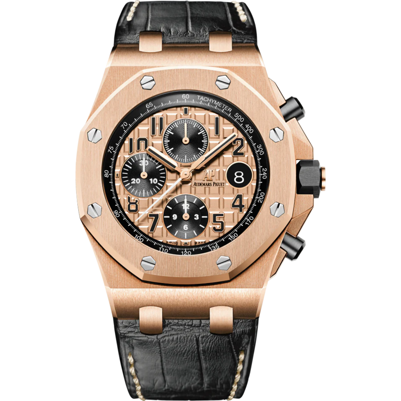 Royal Oak Offshore Chronograph 42MM Black Alligator Strap Pink Gold-Toned Dial With Méga Tapisserie Pattern 18-Carat Pink Gold Case - Audemars Piguet