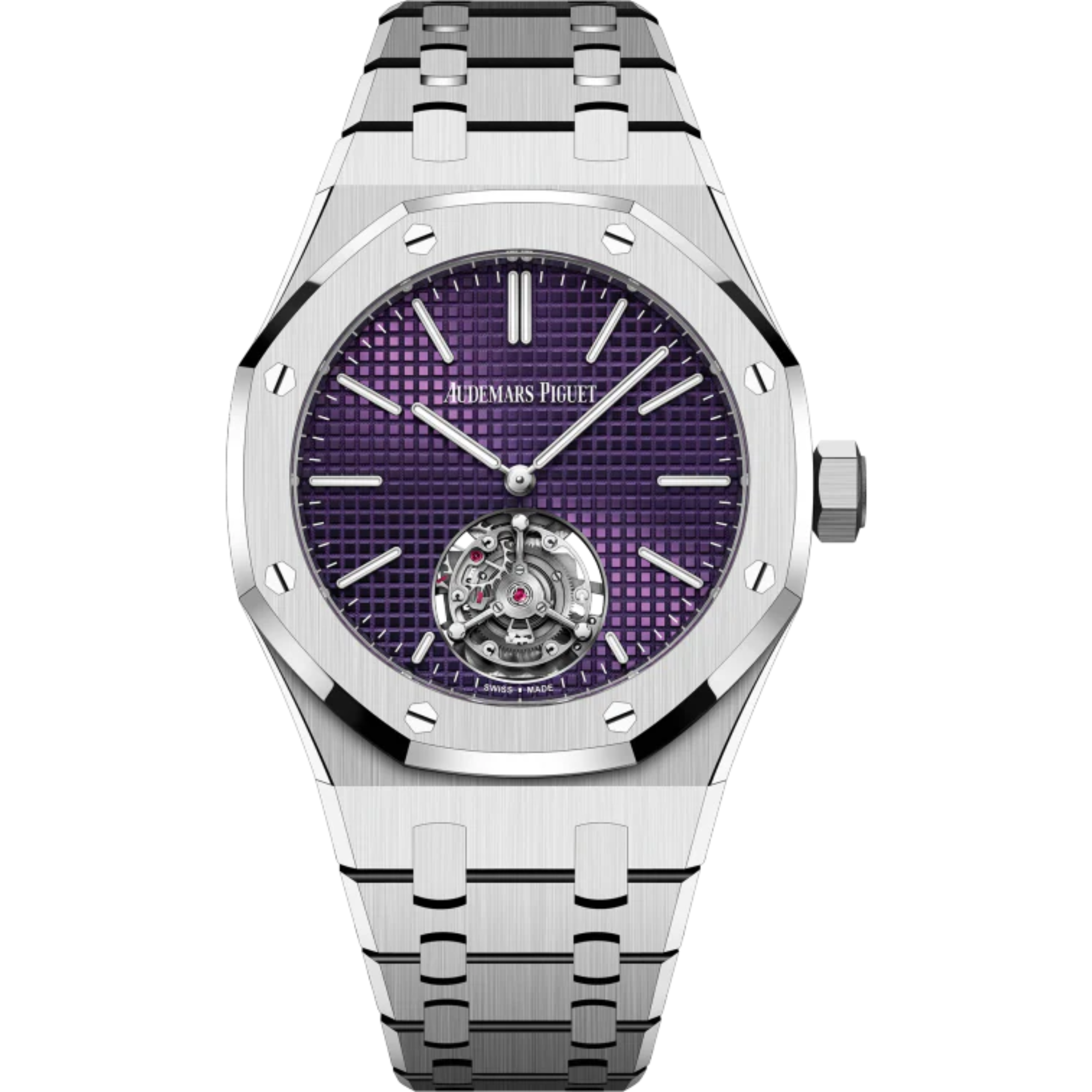 Royal Oak Selfwinding Flying Tourbillon Extra-Thin 50th Anniversary 37MM Stainless Steel Bracelet Plum Dial With Petite Tapisserie Pattern Stainless Steel Case - Audemars Piguet