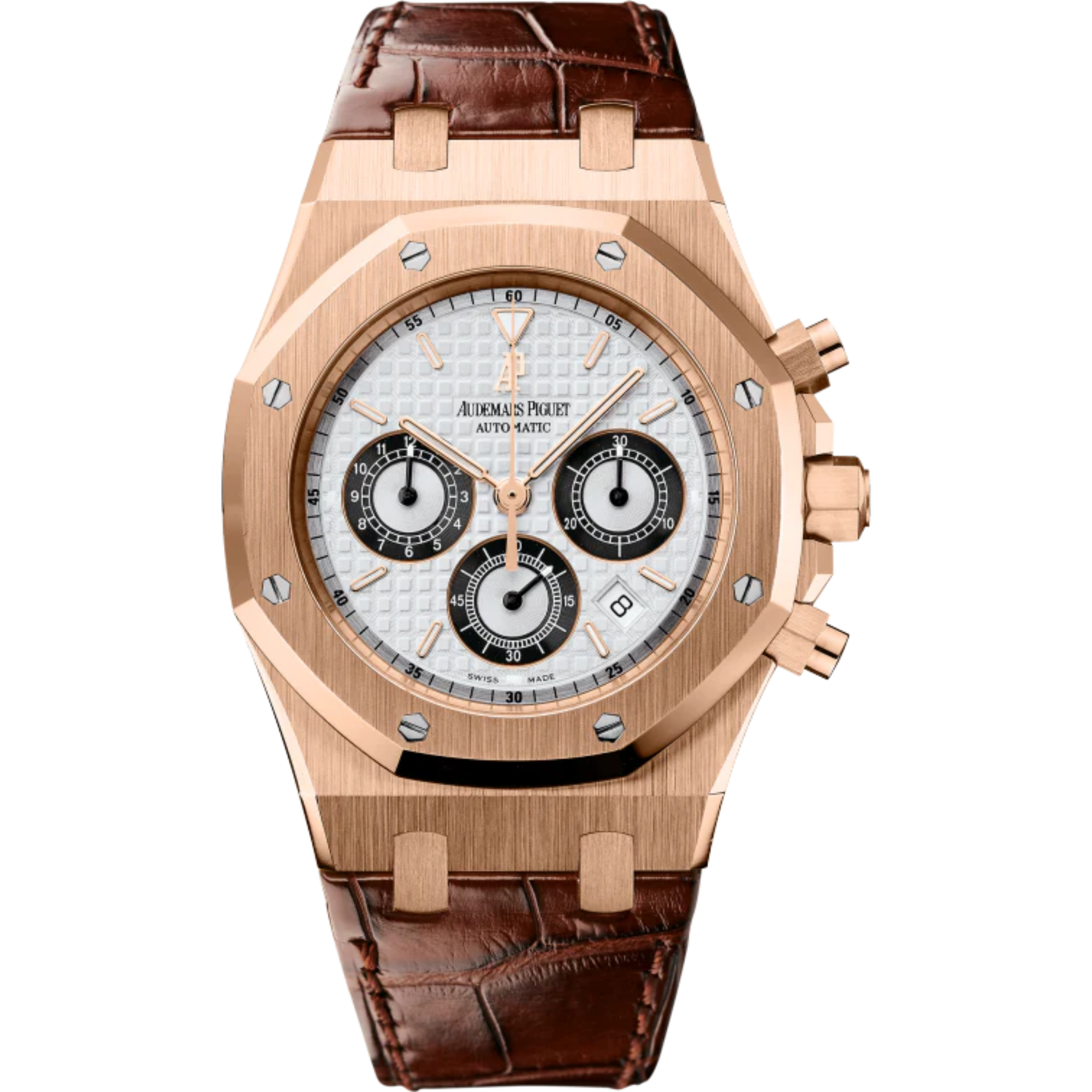 Royal Oak Chronograph 39MM Brown Alligator Strap Silver-Toned Dial With Grande Tapisserie Pattern 18-Carat Pink Gold Case - Audemars Piguet